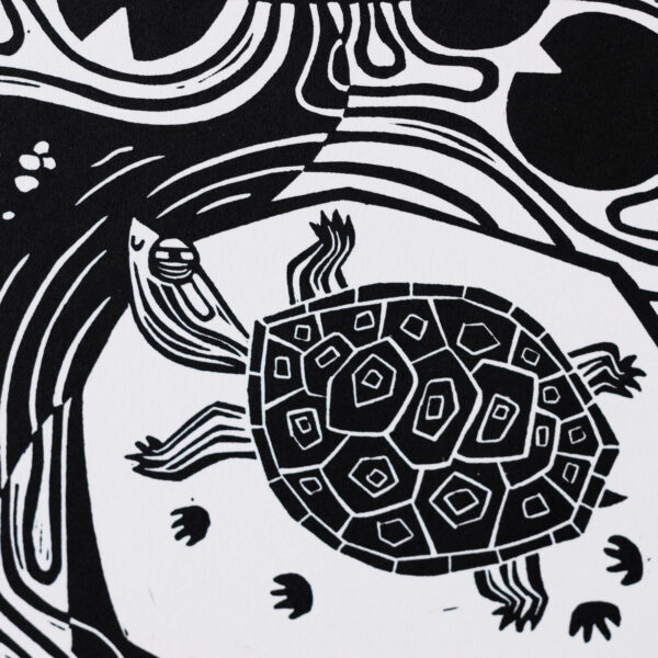détail d'une estampe de tortue aquatique avec des motifs sur la carapace