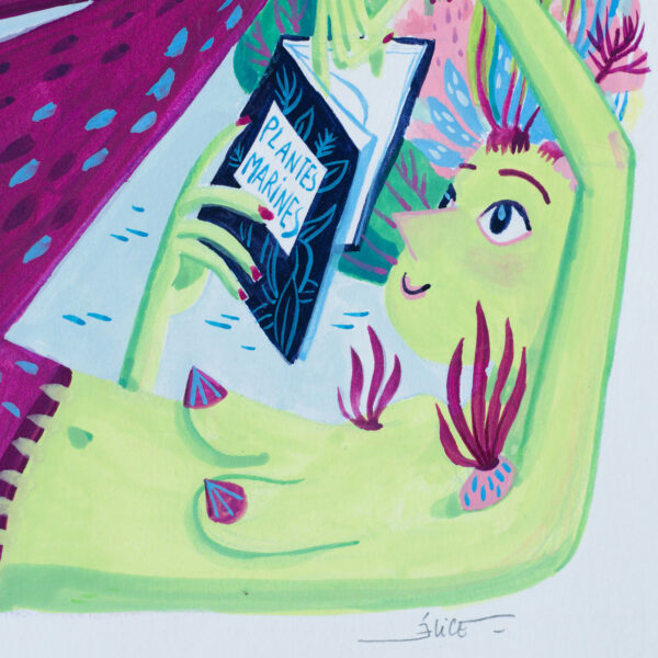 peinture de sirène verte et violette dans un carré en train de lire dans une position de contorsionniste