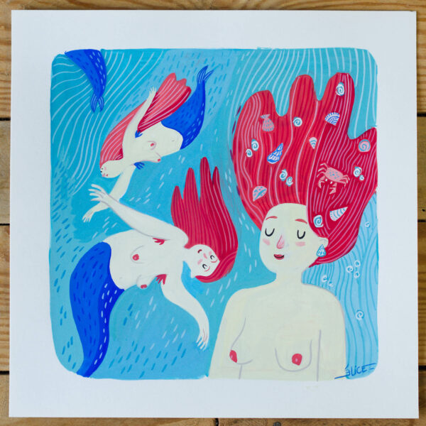 peinture originale de sirène rouge et bleu avec des coquillages et crustacés