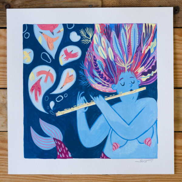 peinture originale à la gouache d'une sirène jouant de la flute traversière