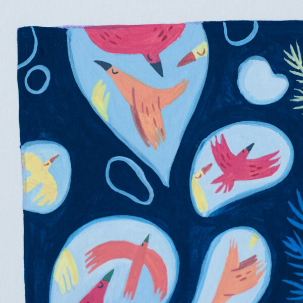 détail d'une gouache oiseaux dans des bulles