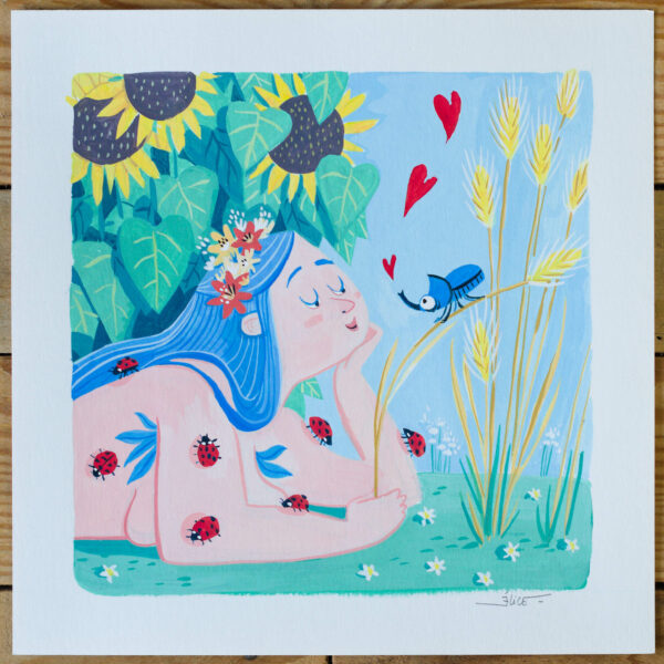 peinture d'une femme aux cheveux bleus allongée dans l'herbe avec des coccinelle et un scarabée rhinocéros