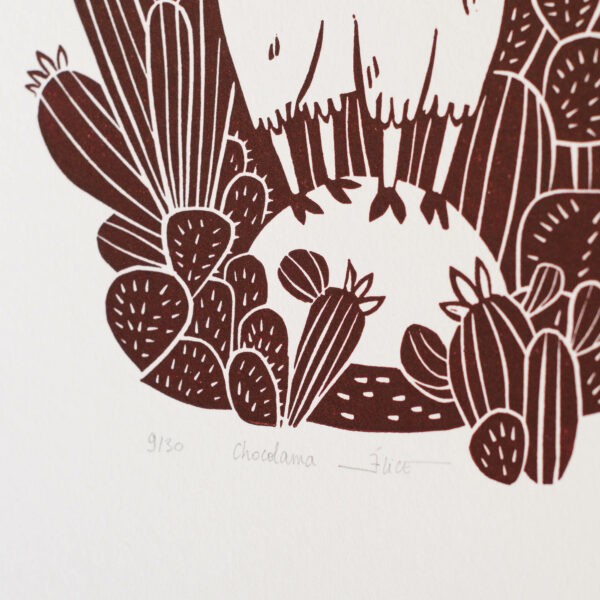 estampe linogravure représentant un lama et des cactus