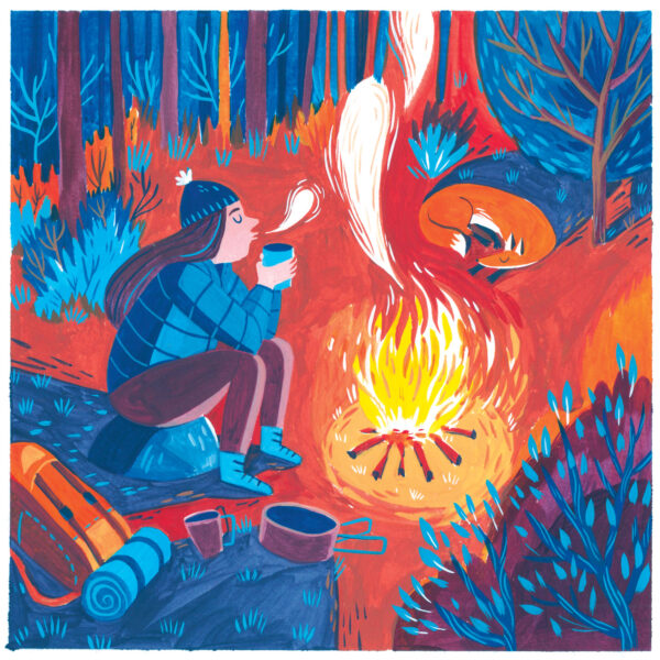 peinture à la gouache représentant une femme assise dans la forêt avec un sac à dos, un feu de camp et un renard