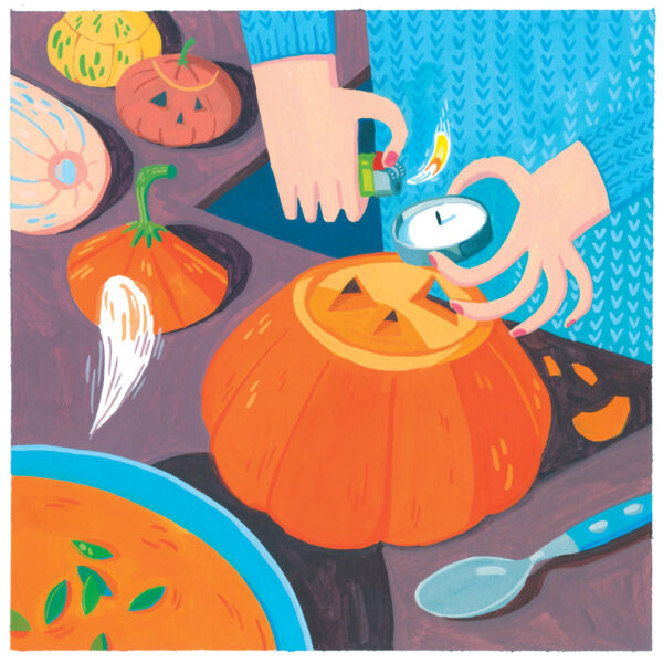 peinture à la gouache représentant une citrouille et des courges creusées avec une bougie pour halloween