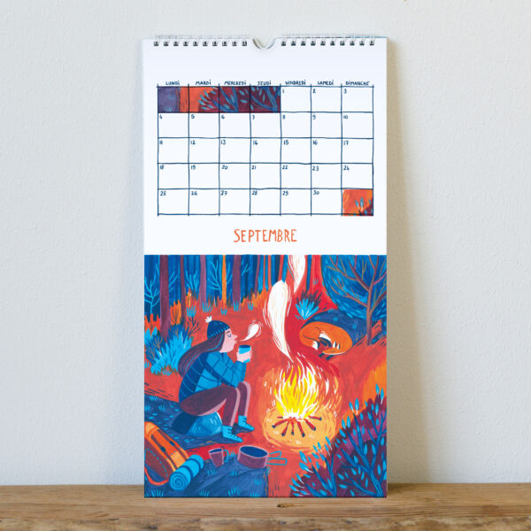 page de calendrier illustré avec un bivouac dans la foret et un renard