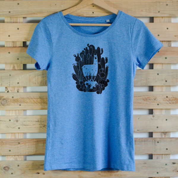 T-shirt bleu imprimé en linogravure avec un lama