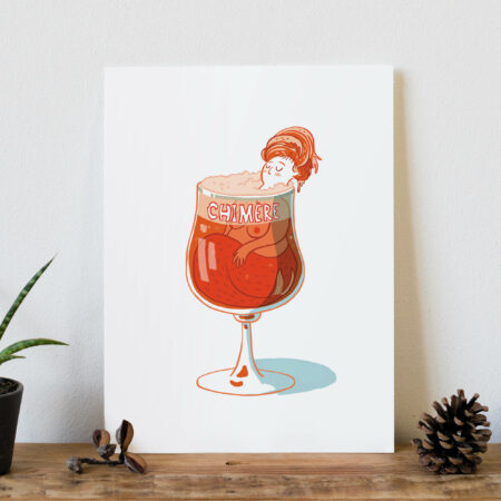 tirage d'illustration sur papier de création représentant une sirène dans un verre de bière rousse ambrée