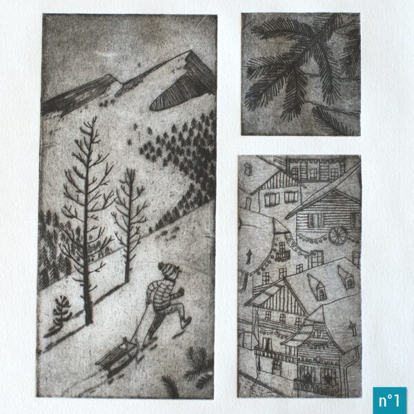 détails d'une estampe composée de plusieurs vignettes représentant une branche de sapin, des chalets suisses et les sommets enneigés