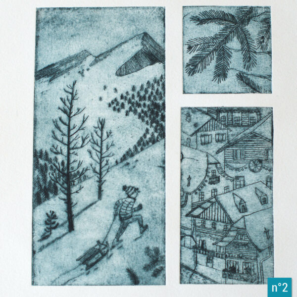 détails d'une estampe composée de plusieurs vignettes représentant une branche de sapin, des chalets suisses et les sommets enneigés