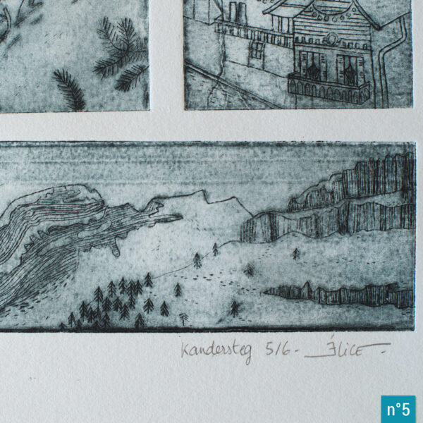 détails d'une estampe représentant une scène de luge, de promenade en forêt, des chalets suisses et un décor de montagne