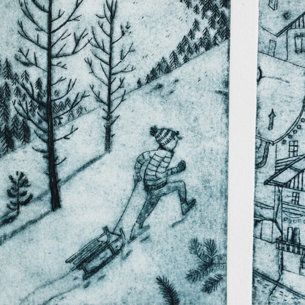 estampe représentant un personnage avec un bonnet qui tire une luge en bois dans la neige