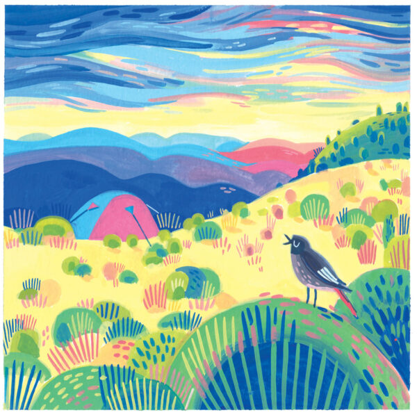 illustration à la gouache d'un paysage des Cévennes. Au premier plan, un oiseau chante posé sur un buisson. Une petite tente de bivouac rose est bleu est installée sur les collines. En arrière plan, les silhouettes de montagnes dans un lever de soleil coloré
