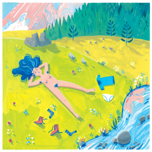Illustration à la gouache d'une femme nue aux cheveux bleus allongée dans l'herbe avec ses vêtement à coté d'elle. Elle est au bord d'une rivière. Paysage de montagne en arrière plan.