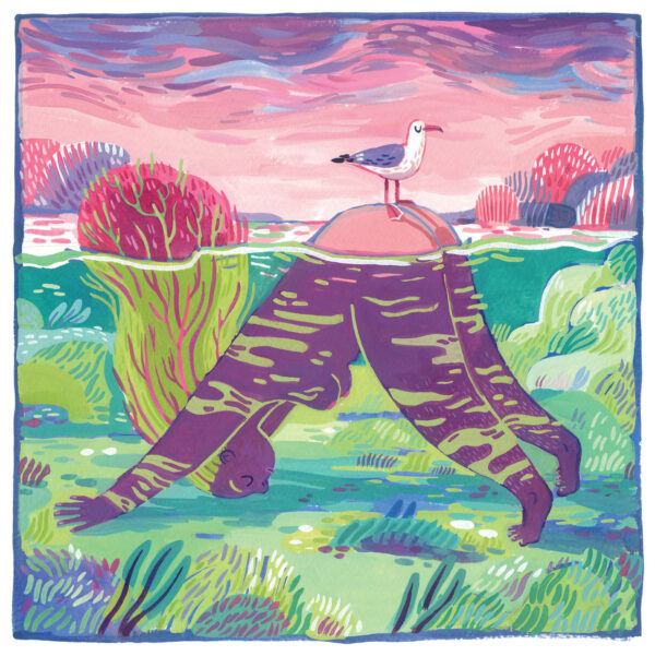 illustration à la gouache d'une femme dans la position du chien tête en bas dans l'eau. Une mouette est posée sur son postérieur émergé de l'eau. Ambiance colorée rose et vert