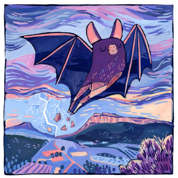 illustration à la gouache d'une chauve-souris volant les yeux fermés au dessus des falaises du Pic Saint Loup et de l'Hortus, dans un décor d'orage, dans des tons rose et violet