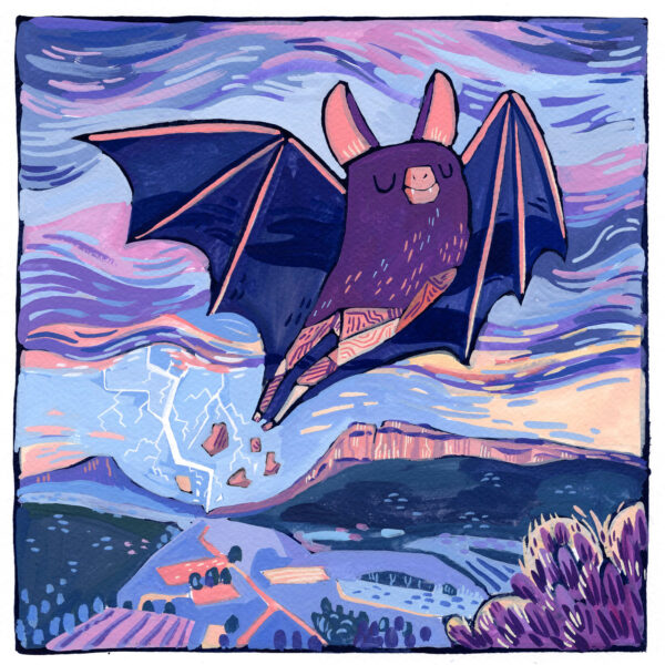illustration à la gouache d'une chauve-souris volant les yeux fermés au dessus des falaises du Pic Saint Loup et de l'Hortus, dans un décor d'orage, dans des tons rose et violet