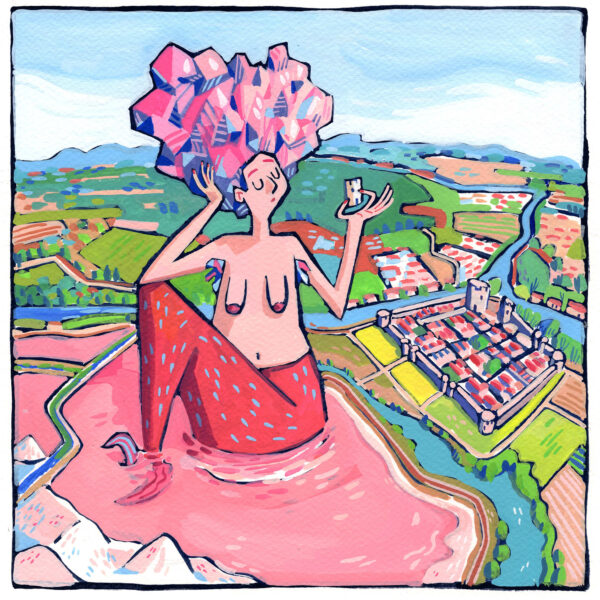 peinture à la gouache d'une sirène géante assise dans les salins roses d'Aigues-Mortes avec la cité médiévale en fond