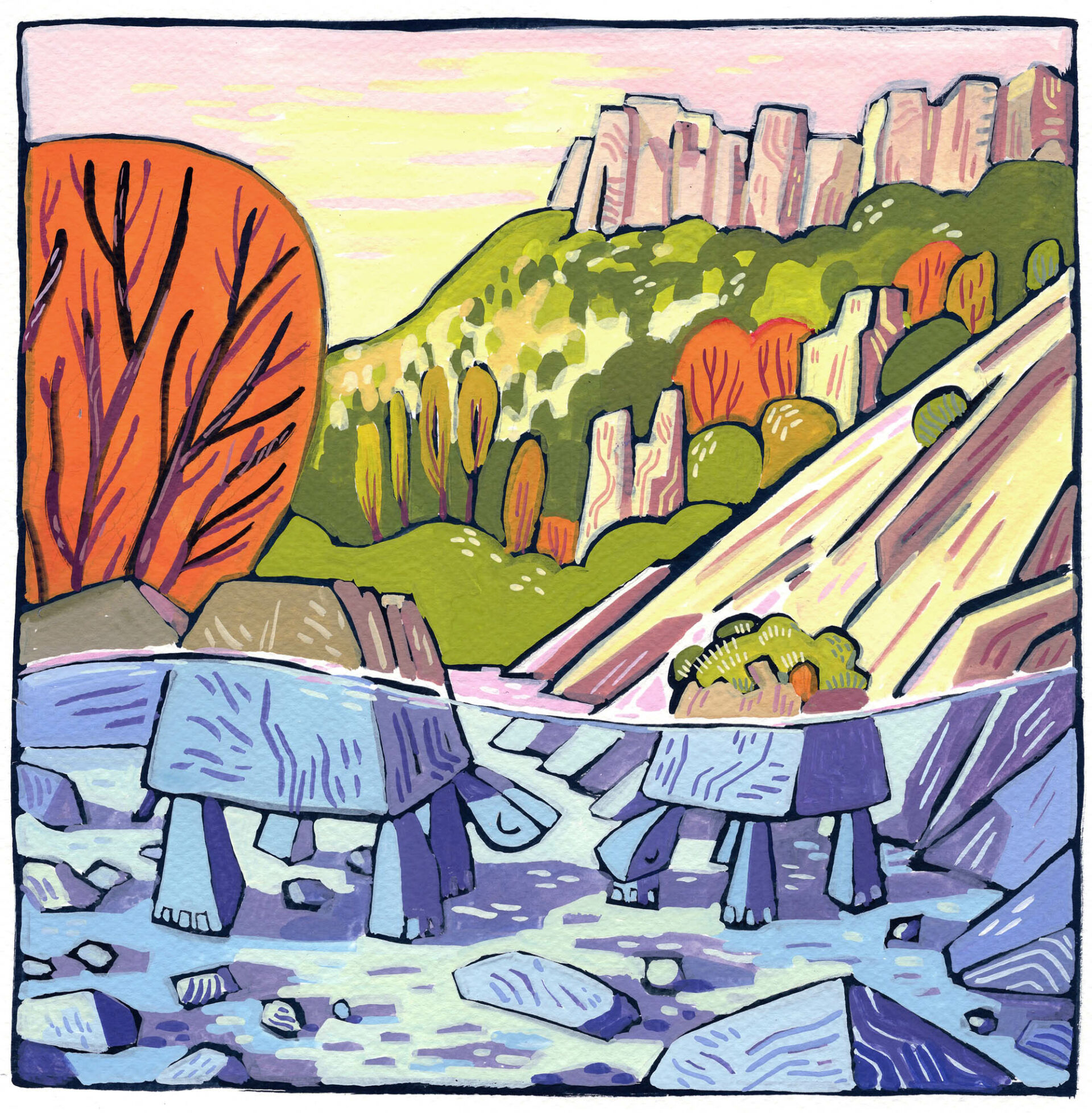 peinture à la gouache de rochers en forme de tortue dans la rivière dans des couleurs de lever de soleil rose et mauve ambiance automnale avec les falaises en fond