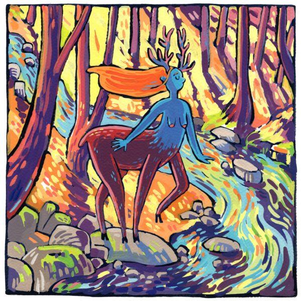 illustration à la gouache d'une espèce de Centaure femme biche dans la forêt au couleurs de l'automne au bord de la rivière, paisible.