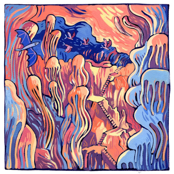peinture à la gouache représentant le décor de l'intérieur de la grotte des Demoiselles. Les concrétions s'apparentent à des méduses. Un vol de chauve-souris poisson dans un boyau de la grotte.
