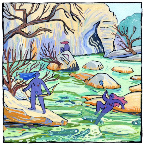 peinture à la gouache d'un décor de rivière avec trois petites archères violettes assises sur les rochers