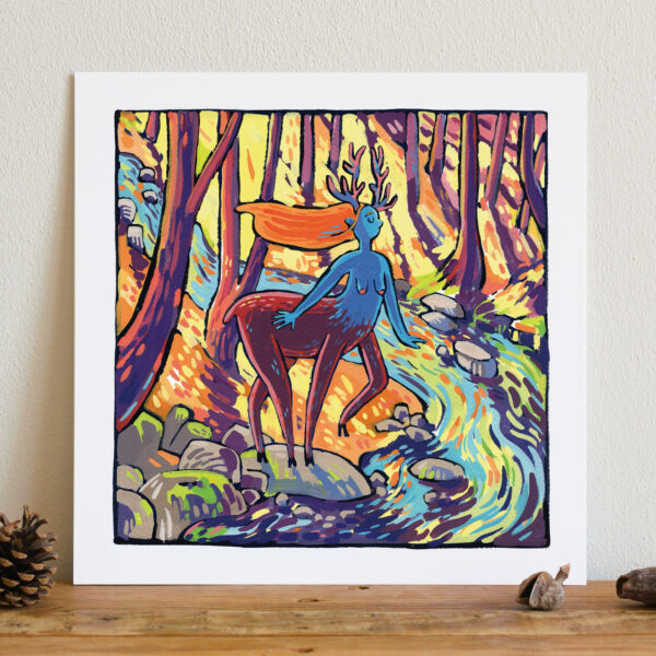 reproduction d'une peinture à la gouache posée sur une table, représentant une espèce de Centaure femme biche dans la forêt au couleurs de l'automne au bord de la rivière, paisible.