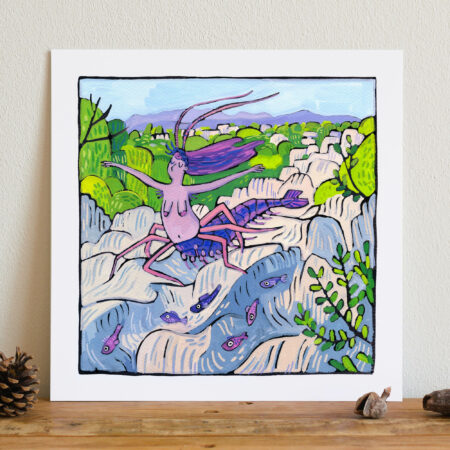 reproduction d'une peinture à la gouache posée sur une table, représentant une sirène crevette qui court au dessus des rochers de Sauve, les cheveux au vent, accompagnée de poissons, avec la garrigue en fond