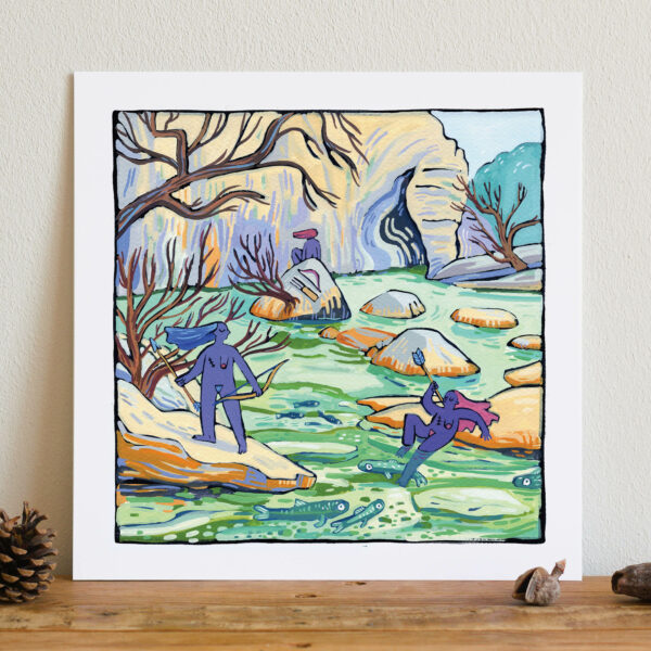 reproduction d'une peinture à la gouache posée sur une table, représentant un décor de rivière avec trois petites archères violettes assises sur les rochers