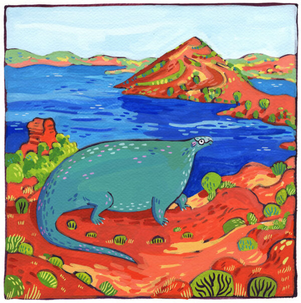 illustration à la gouache d'un gros lézard dragon sur la terre rouge au bord du lac du Salagou