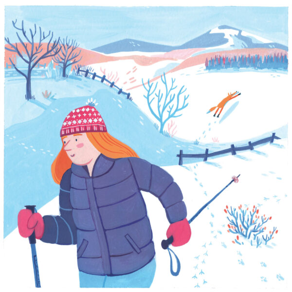 peinture à la gouache d'une femme aux cheveux orange faisant une randonnée en raquette dans la neige sur le Mont Lozère avec un renard qui s'enfuit en arrière plan