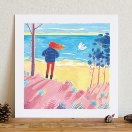 peinture à la gouache d'une femme aux cheveux roux dans le vent regardant l'océan sur les dunes roses de l'Atlantique