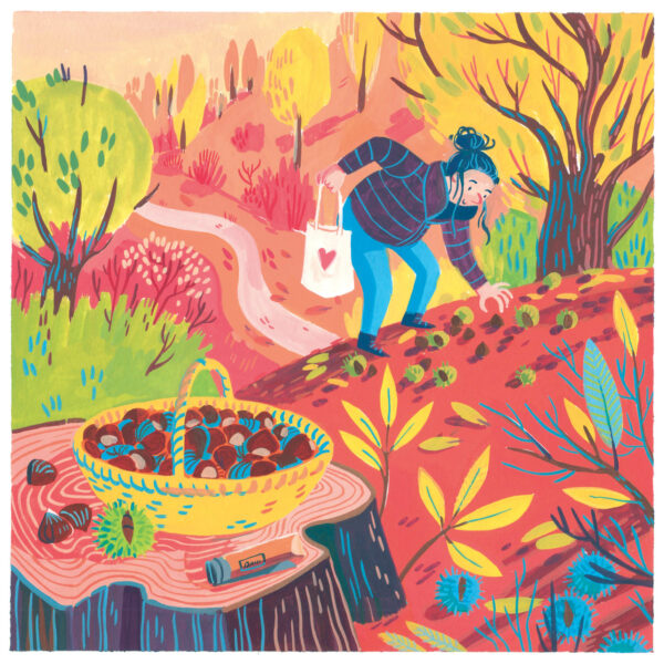 illustration à la gouache d'une femme qui ramasse des châtaignes dans la forêt aux couleurs vives dans des tons orange, jaune, rose. Au premier plan, un panier rempli de châtaignes avec un opinel.