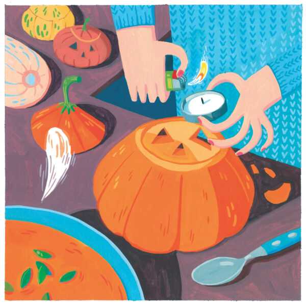 illustration à la gouache d'une citrouille creusée pour halloween. On voit des mains allumer une bougie pour en faire une lanterne. Au premier plan, une soupe de potimarron avec des graines de courges, fumante.