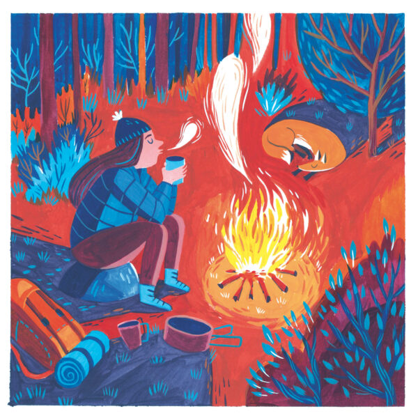 illustration à la gouache d'une femme qui boit un thé près d'un feu de camp dans la foret accompagnée d'un renard qui dort à ses côtés. Son sac à dos de bivouac est posé au premier plan. Ambiance de couleurs orange et bleu