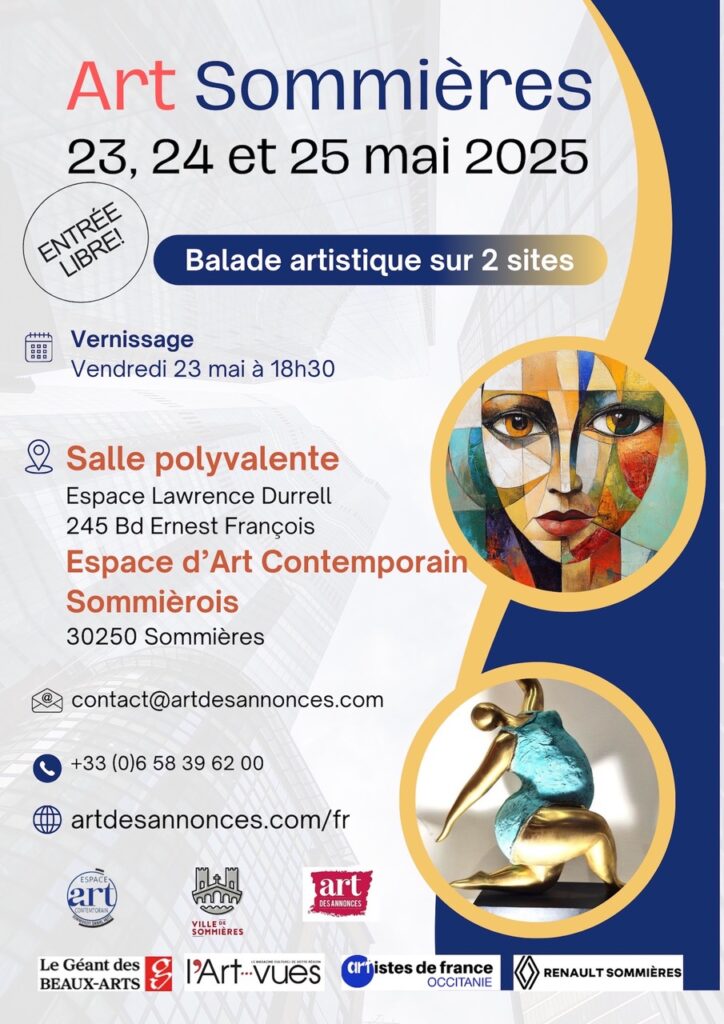 affiche du salon d'art peinture illustration et sculpture Art Sommières les 23, 24 et 25 mai 2025 balade artistique sur 2 sites
