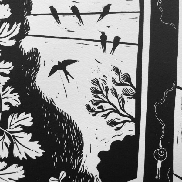impression de linogravure en noir et blanc représentant des hirondelles posées sur un fil électrique