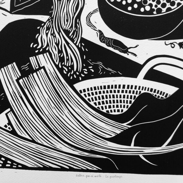impression de linogravure en noir et blanc représentant des cotes de blettes dans une passoire