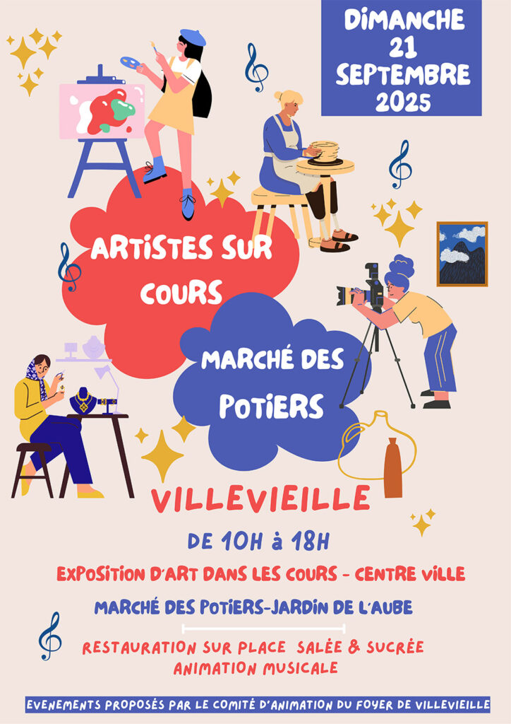 illustration numérique en aplat avec des personnages artistes et artisans en activité dimanche 21 septembre 2025 artistes sur cours marché des potiers villevieille de 10h à 18h 