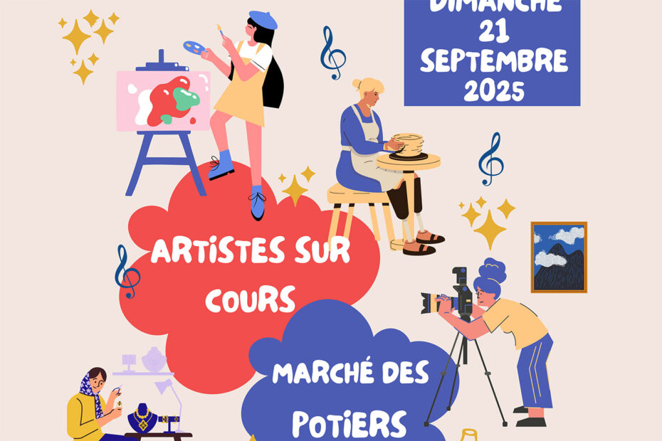 illustration numérique en aplat avec des personnages artistes et artisans en activité