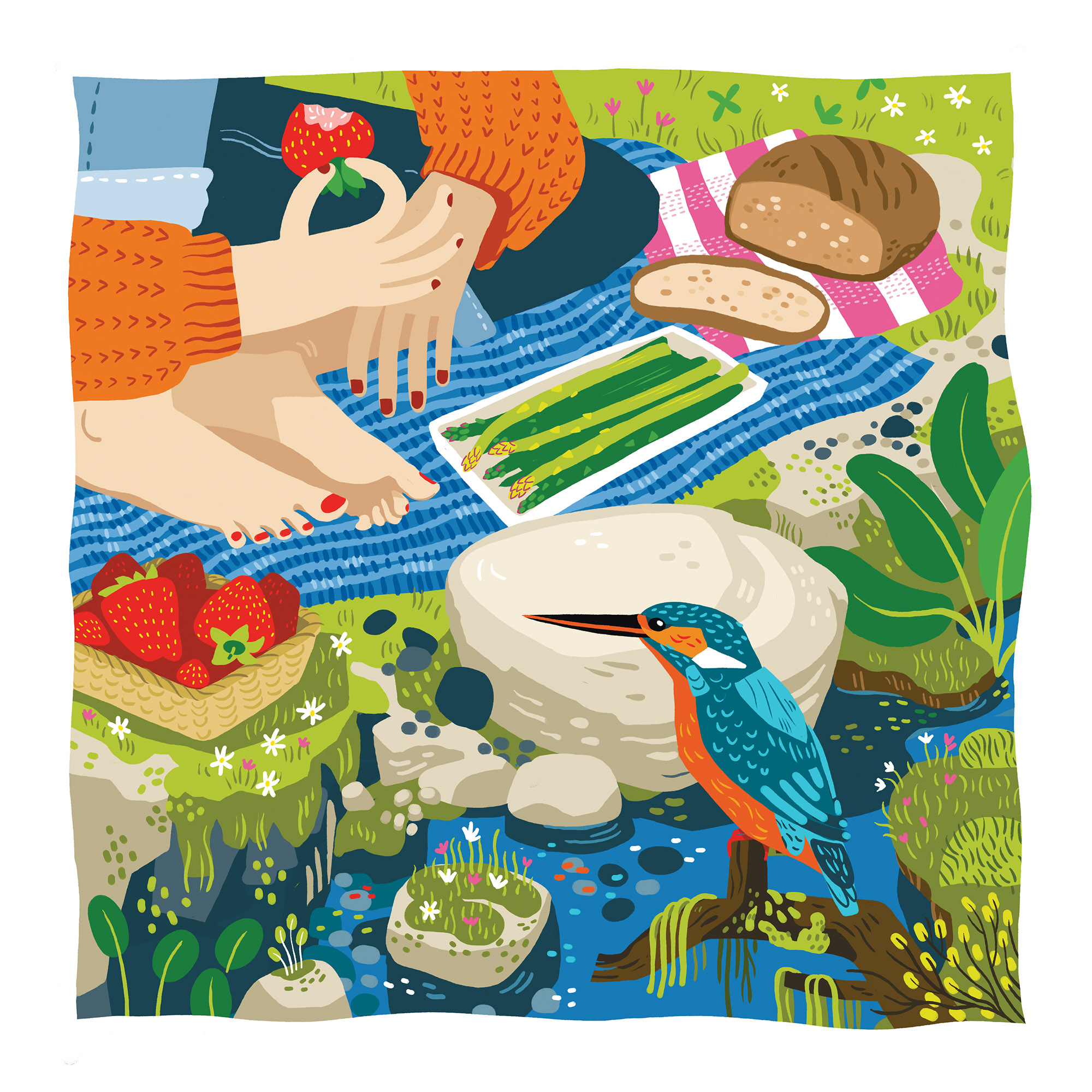illustration coloré d'une femme qui pic-nique au bord d'une rivière avec un martin pêcheur