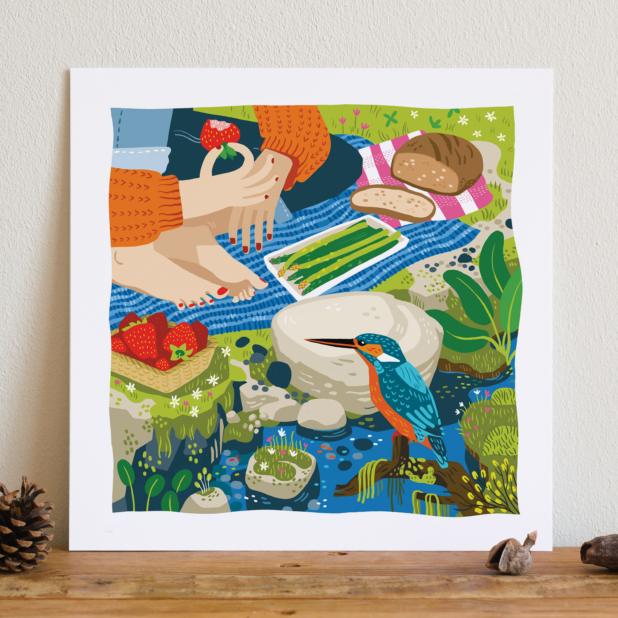 illustration coloré d'une femme qui pic nic au bord d'une rivière avec un martin pêcheur