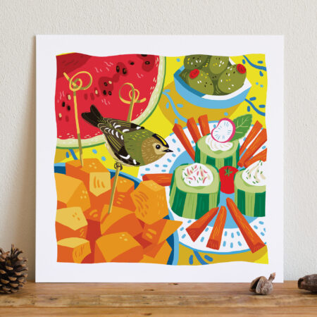illustration d'une scène de d'apero d'été avec des cubes de melon, des bâtonnets de carottes, concombres et olives farcis, tranche de pasteque