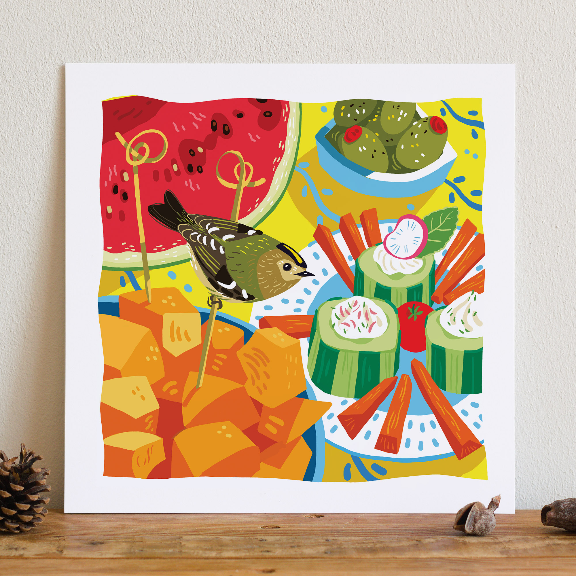 illustration d'une scène de d'apero d'été avec des cubes de melon, des bâtonnets de carottes, concombres et olives farcis, tranche de pasteque