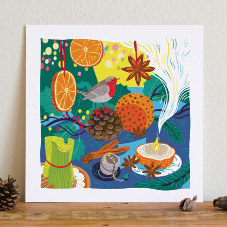 illustration de Noël représentant un rouge gorge posé sur une pomme de pin avec des oranges plantées de clous de girofle, épices, bougie et décoration de noêl