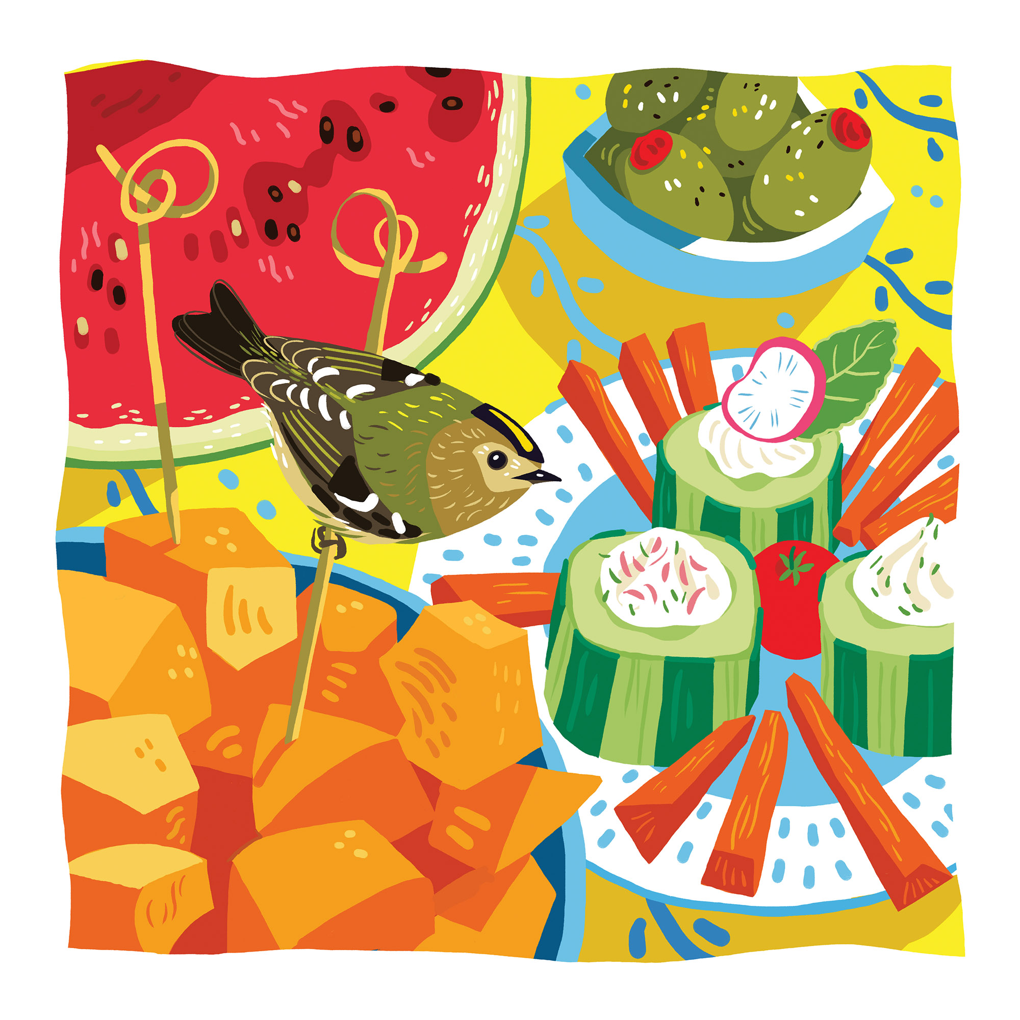 illustration d'une scène de d'apero d'été avec des cubes de melon, des bâtonnets de carottes, concombres et olives farcis, tranche de pasteque