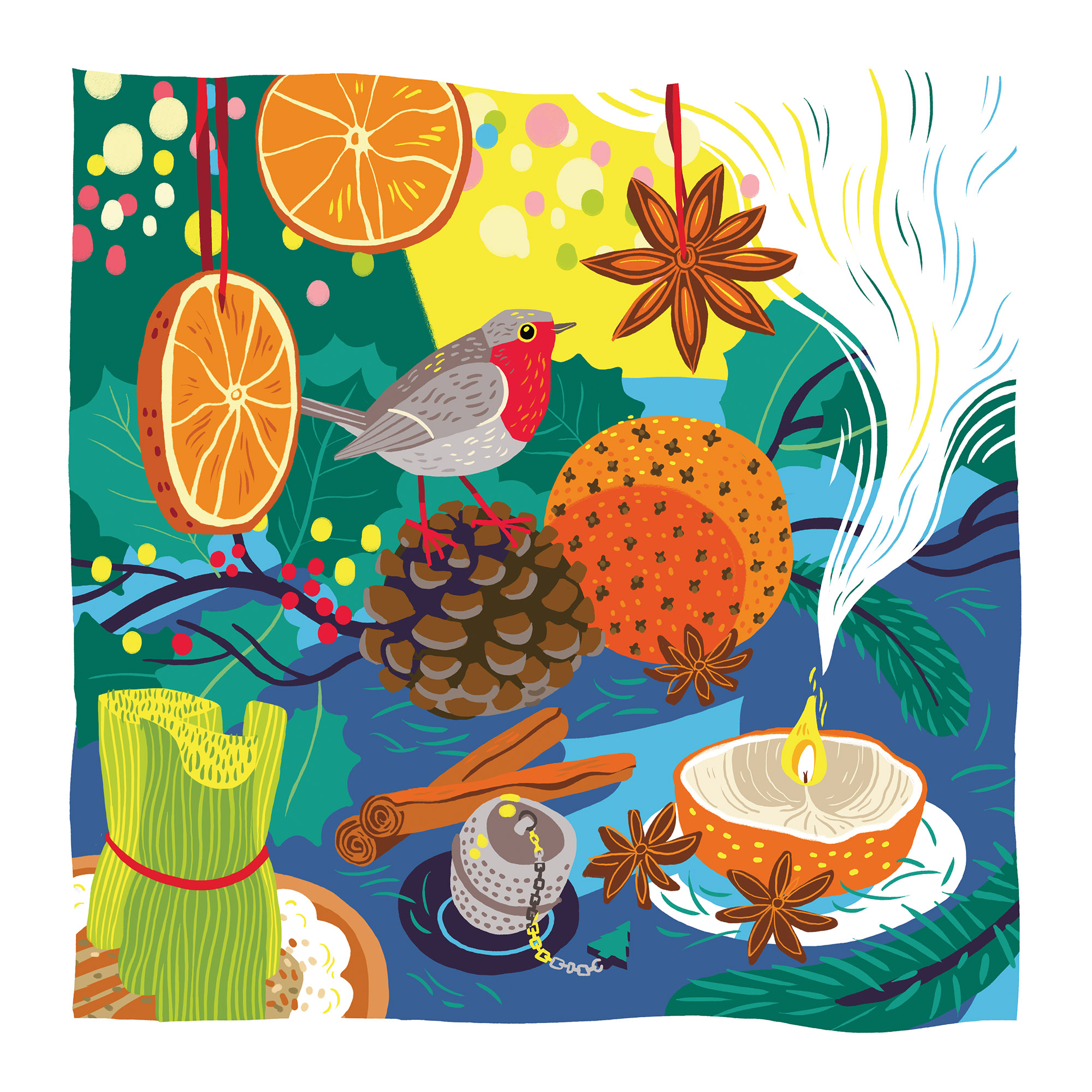 illustration de Noël représentant un rouge gorge posé sur une pomme de pin avec des oranges plantées de clous de girofle, épices, bougie et décoration de noêl