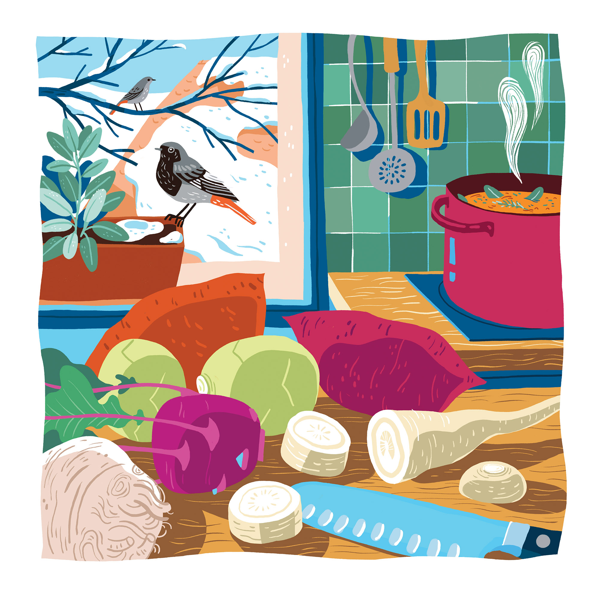 illustration d'un couple de rouge gorge posé sur une branche vus à travers une fenêtre les légumes coupés sur la table au premier plan et la soupe qui cuit en second plan