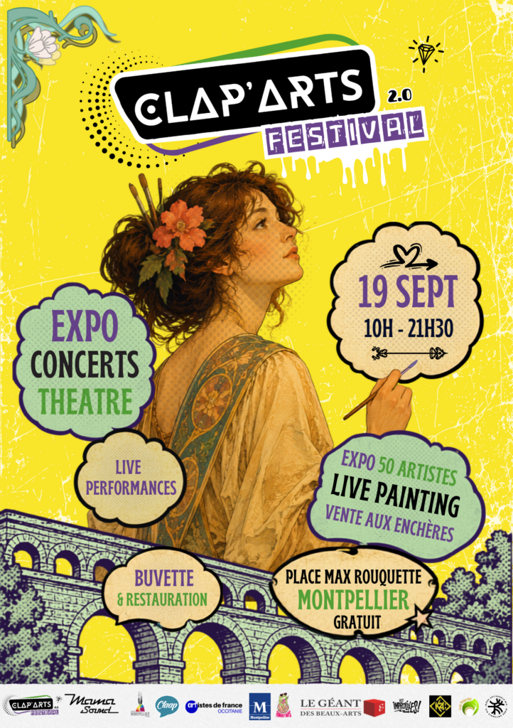 Affiche du festival Clap'Art à Montpellier représentant une femme dans le style de Mucha sur fond jaune