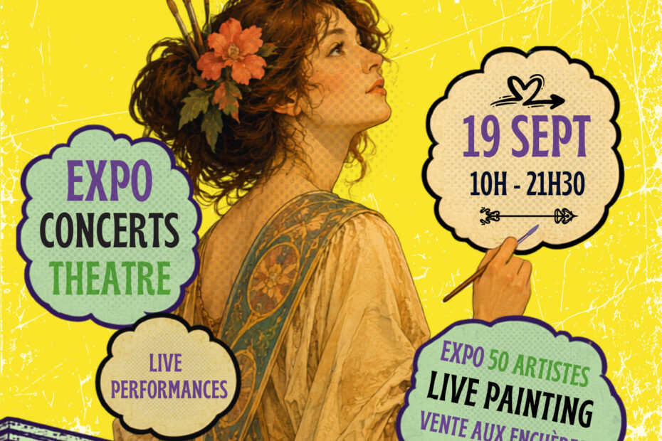 Affiche du festival Clap'Art à Montpellier représentant une femme dans le style de Mucha sur fond jaune